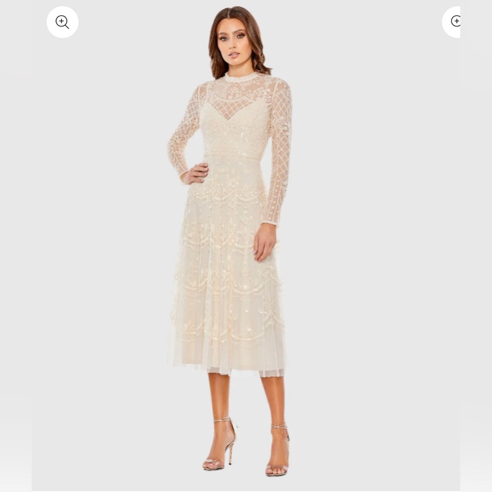 NWT Macduggal Nude Sequined Illusion High Neck Long Sleeve Midi Dress